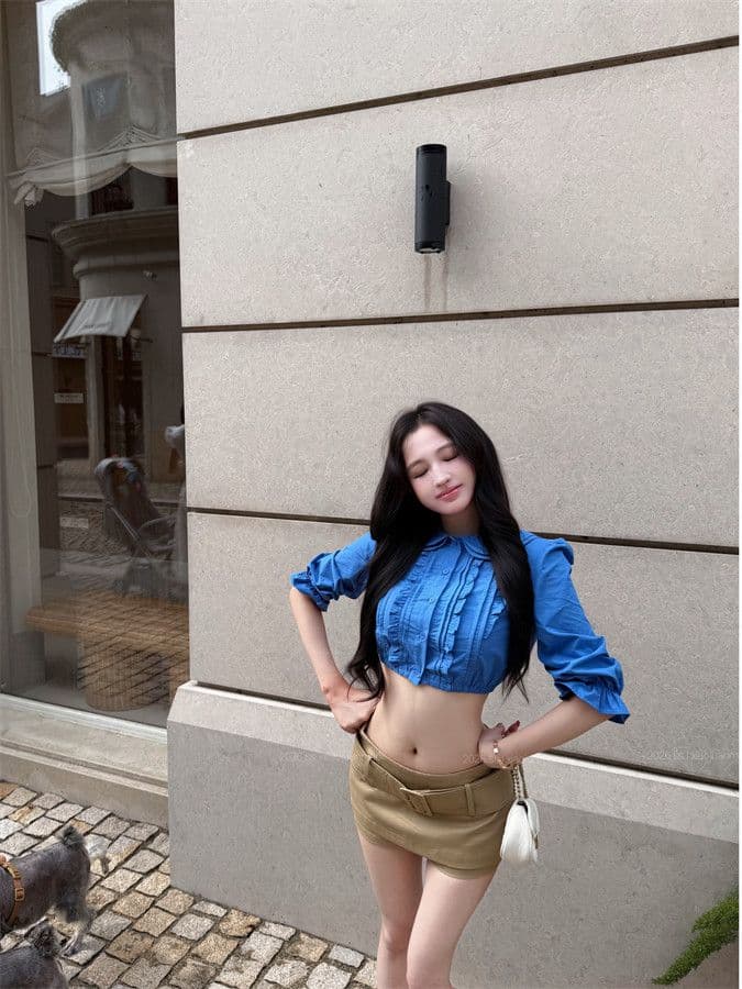 원본 품질 프릴 베이비 칼라 중간 소매 여성 셔츠 여름 몸매 가꾸기 셔츠 품격 쇼트 스타일 이슬 뼈의 맨위 상세 이미지 7