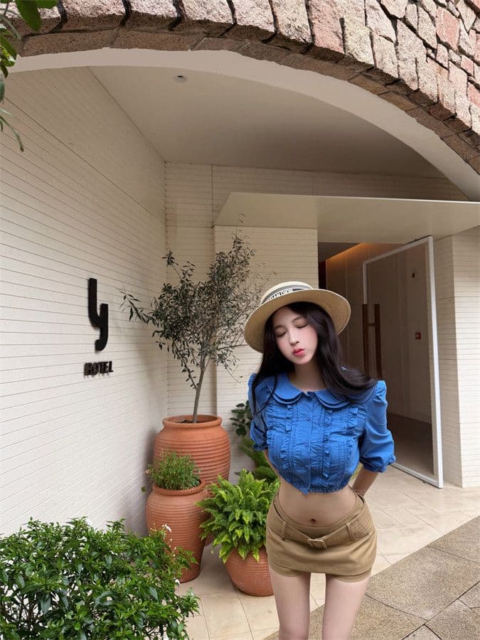 원본 품질 프릴 베이비 칼라 중간 소매 여성 셔츠 여름 몸매 가꾸기 셔츠 품격 쇼트 스타일 이슬 뼈의 맨위 상세 이미지 8