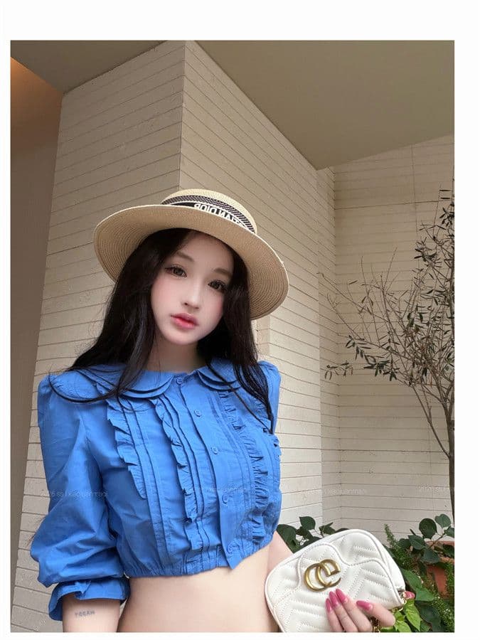 원본 품질 프릴 베이비 칼라 중간 소매 여성 셔츠 여름 몸매 가꾸기 셔츠 품격 쇼트 스타일 이슬 뼈의 맨위 상세 이미지 10