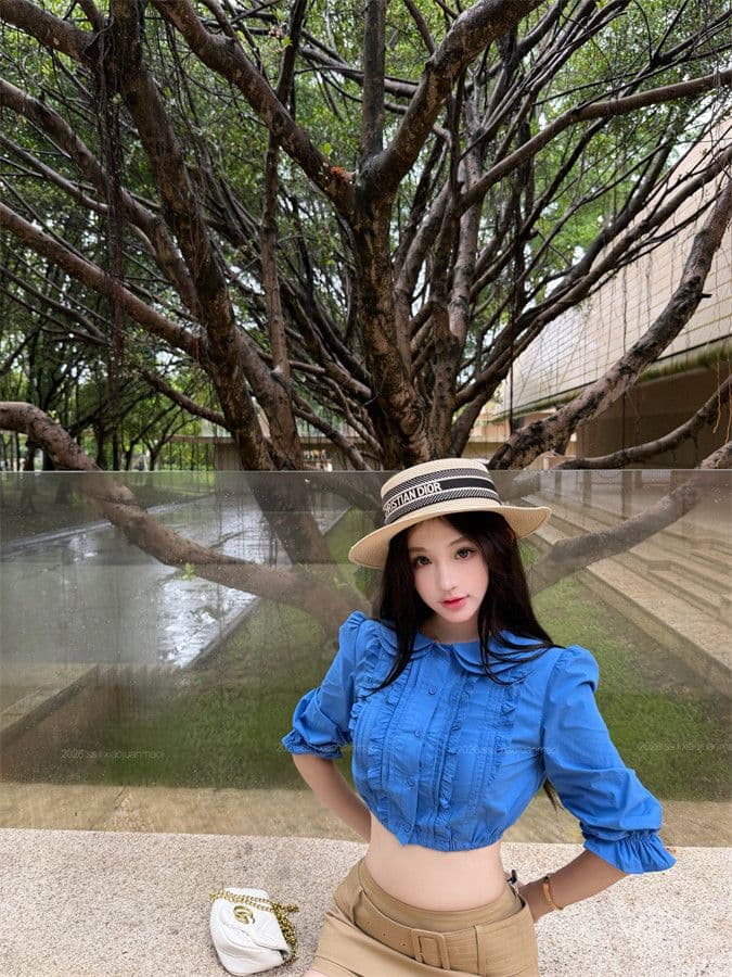 원본 품질 프릴 베이비 칼라 중간 소매 여성 셔츠 여름 몸매 가꾸기 셔츠 품격 쇼트 스타일 이슬 뼈의 맨위 상세 이미지 14