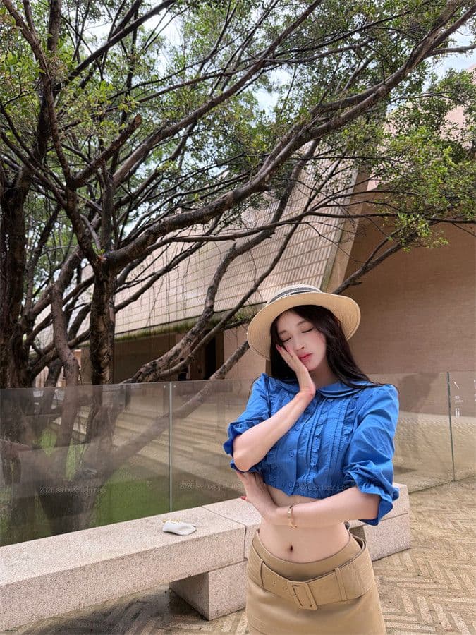 원본 품질 프릴 베이비 칼라 중간 소매 여성 셔츠 여름 몸매 가꾸기 셔츠 품격 쇼트 스타일 이슬 뼈의 맨위 상세 이미지 15