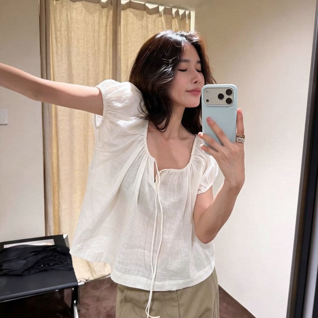 원본 원단 프랑스식 화이트 광장 칼라 거품 소매 인형 셔츠 분위기 센스 레이스업 연령 감소 한 부서 루즈핏 맨위