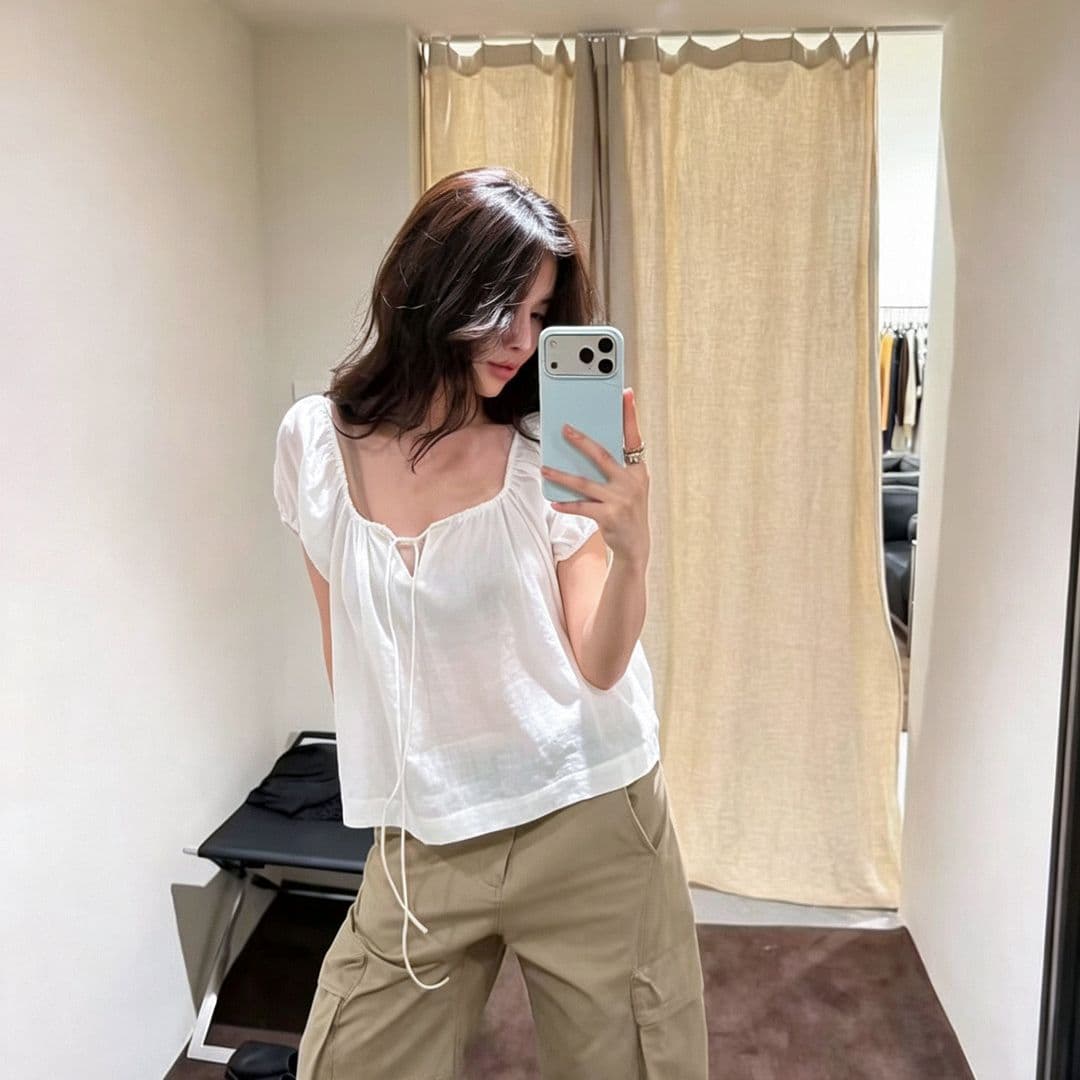 원본 원단 프랑스식 화이트 광장 칼라 거품 소매 인형 셔츠 분위기 센스 레이스업 연령 감소 한 부서 루즈핏 맨위 이미지 5