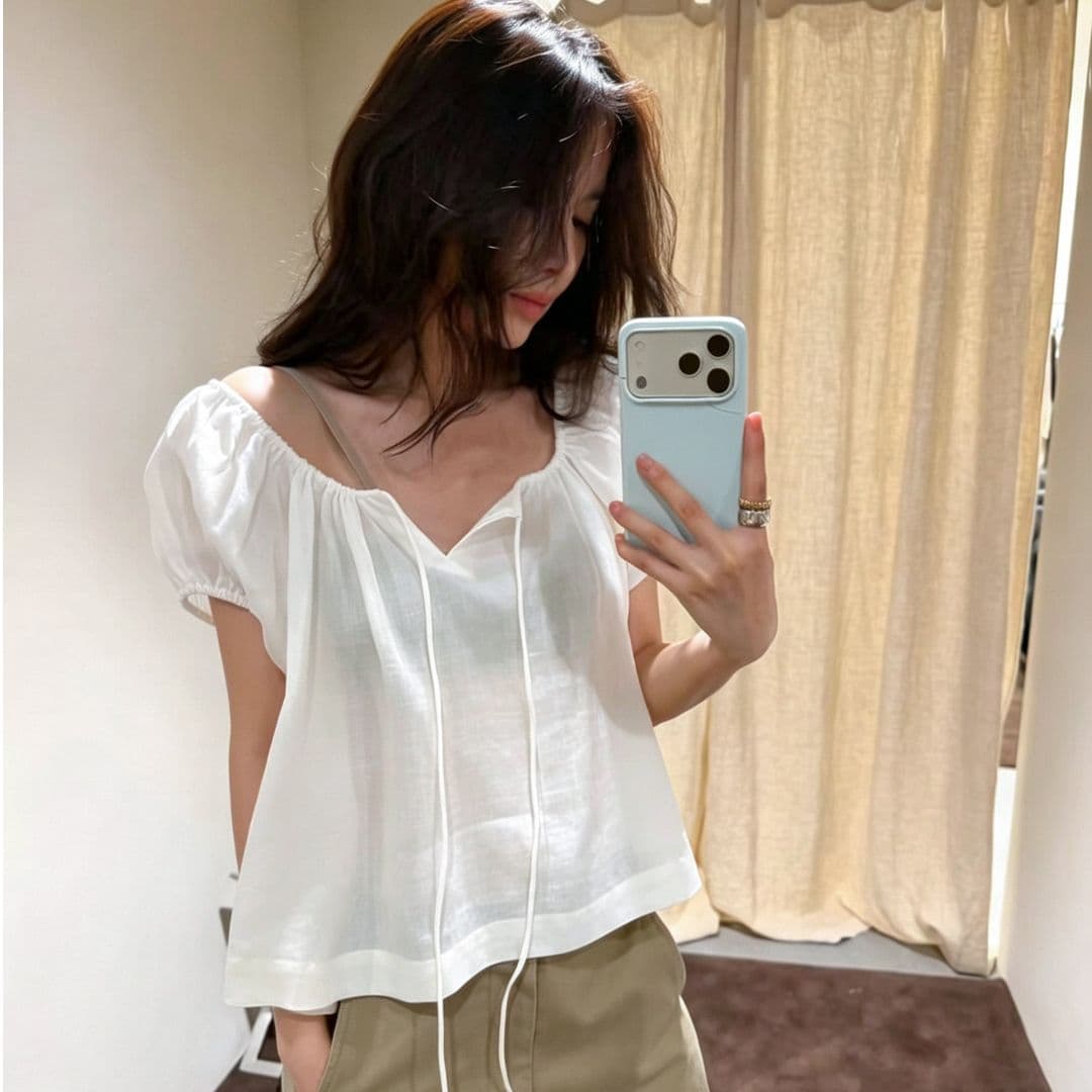 원본 원단 프랑스식 화이트 광장 칼라 거품 소매 인형 셔츠 분위기 센스 레이스업 연령 감소 한 부서 루즈핏 맨위 이미지 2