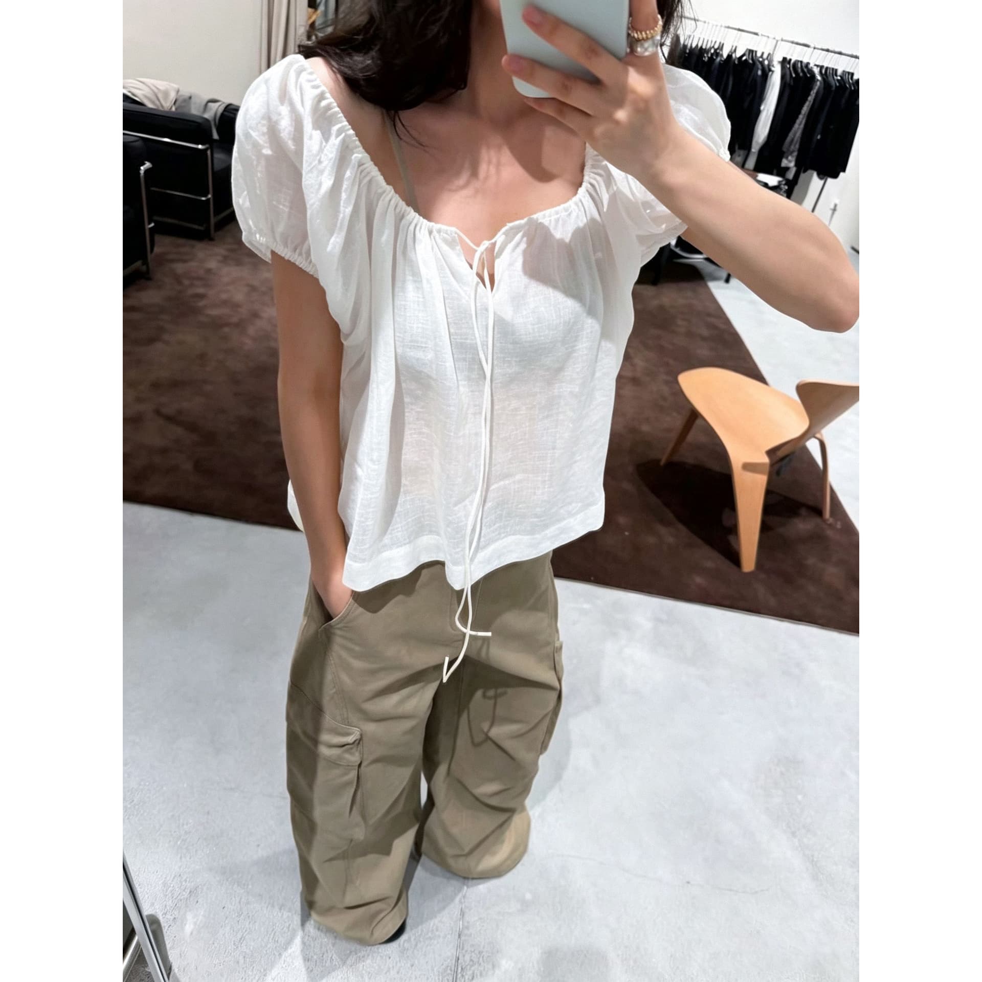원본 원단 프랑스식 화이트 광장 칼라 거품 소매 인형 셔츠 분위기 센스 레이스업 연령 감소 한 부서 루즈핏 맨위 이미지 3