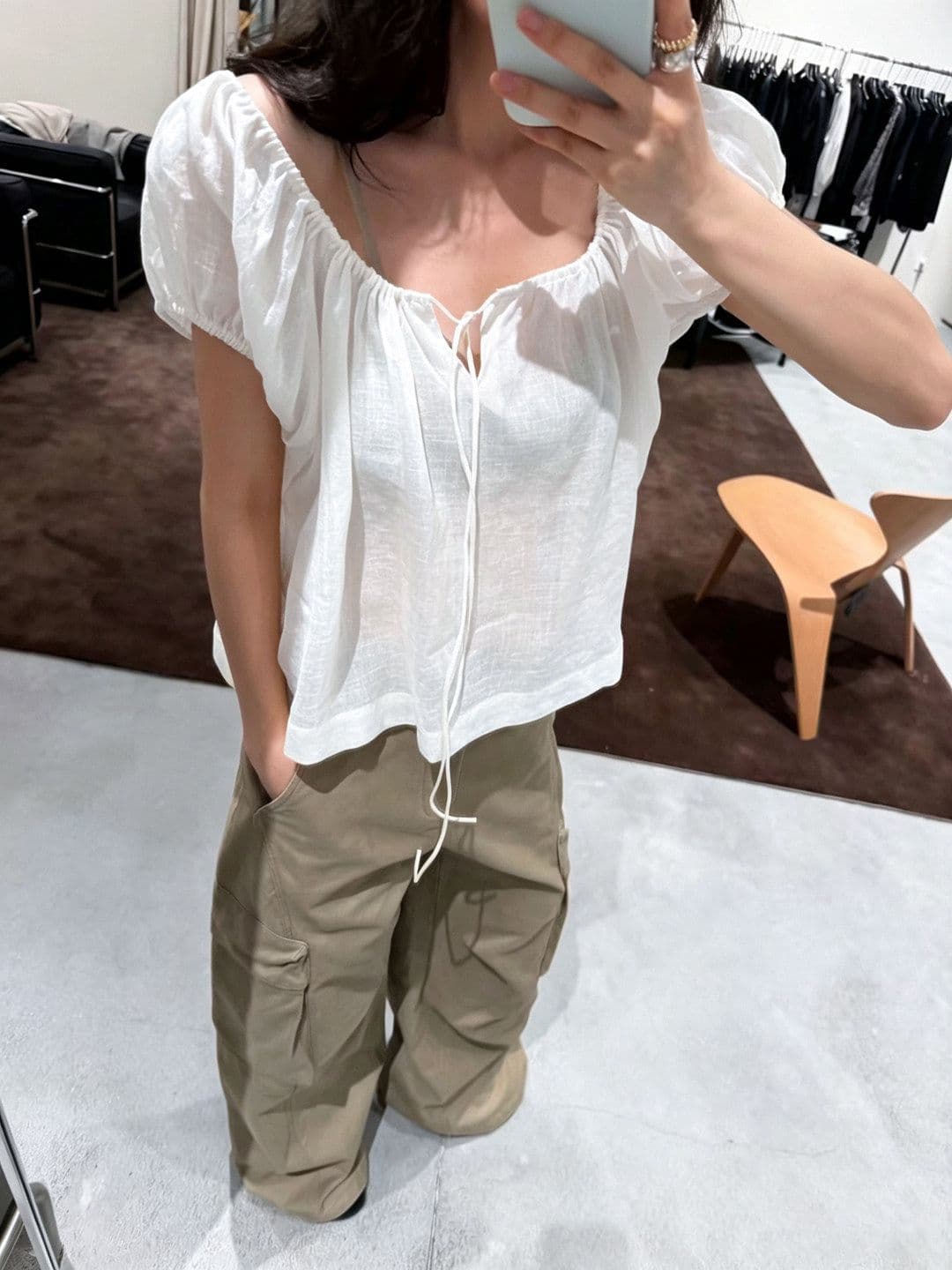 원본 원단 프랑스식 화이트 광장 칼라 거품 소매 인형 셔츠 분위기 센스 레이스업 연령 감소 한 부서 루즈핏 맨위 상세 이미지 3