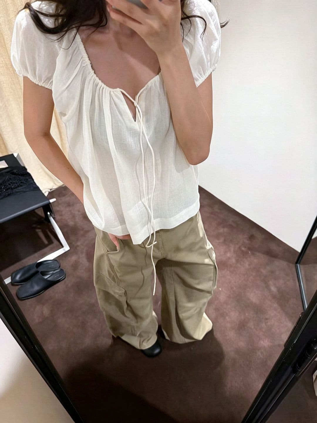 원본 원단 프랑스식 화이트 광장 칼라 거품 소매 인형 셔츠 분위기 센스 레이스업 연령 감소 한 부서 루즈핏 맨위 상세 이미지 5