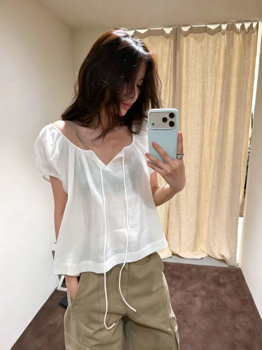 원본 원단 프랑스식 화이트 광장 칼라 거품 소매 인형 셔츠 분위기 센스 레이스업 연령 감소 한 부서 루즈핏 맨위 상세 이미지 6