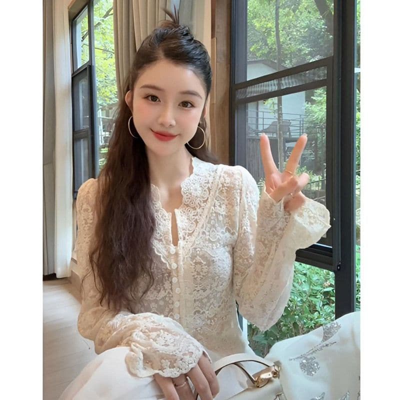 레이스 자외선 차단 홀로우 아웃 맨위 다용도 무거운 작업 자수 V넥 에어컨 객실 셔츠 오픈 가디건 여성