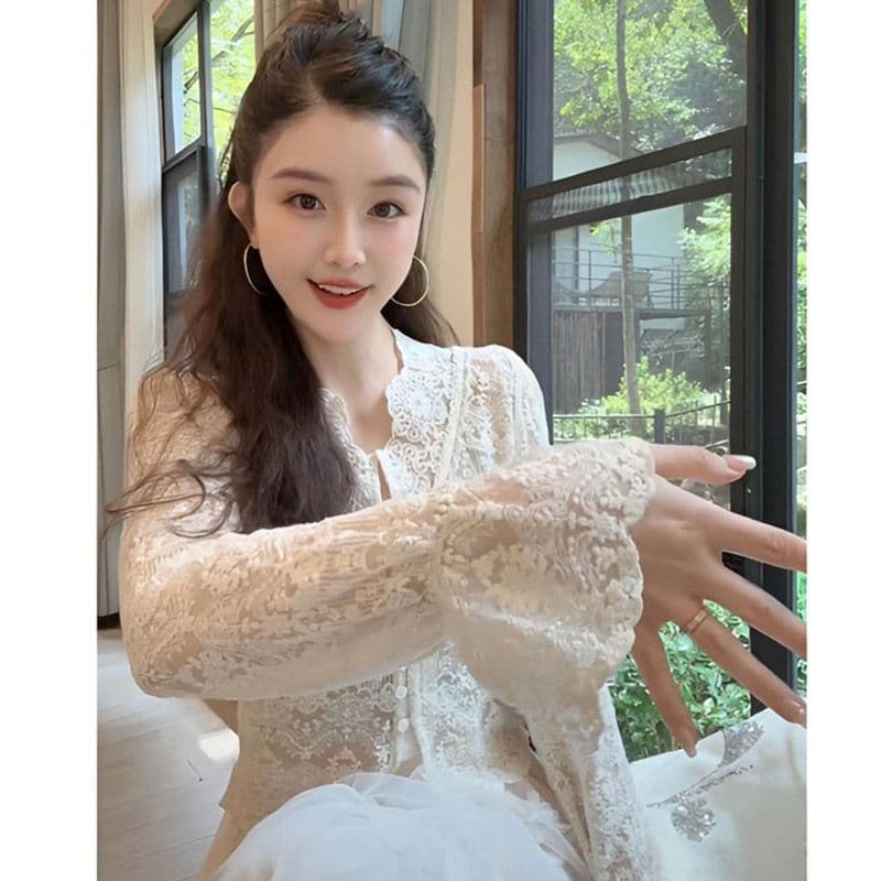 레이스 자외선 차단 홀로우 아웃 맨위 다용도 무거운 작업 자수 V넥 에어컨 객실 셔츠 오픈 가디건 여성 이미지 2