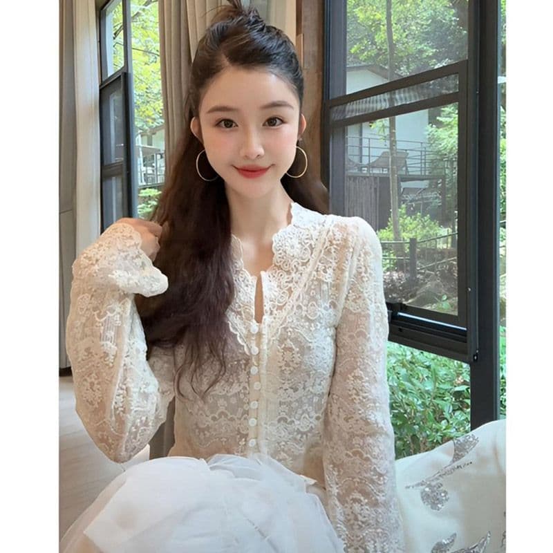 레이스 자외선 차단 홀로우 아웃 맨위 다용도 무거운 작업 자수 V넥 에어컨 객실 셔츠 오픈 가디건 여성 이미지 4