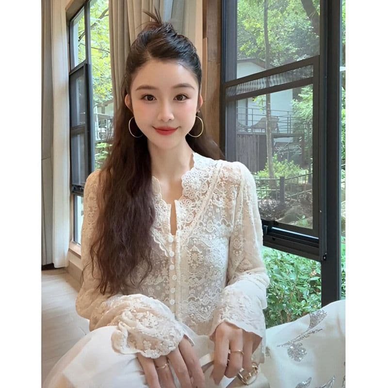 레이스 자외선 차단 홀로우 아웃 맨위 다용도 무거운 작업 자수 V넥 에어컨 객실 셔츠 오픈 가디건 여성 이미지 3