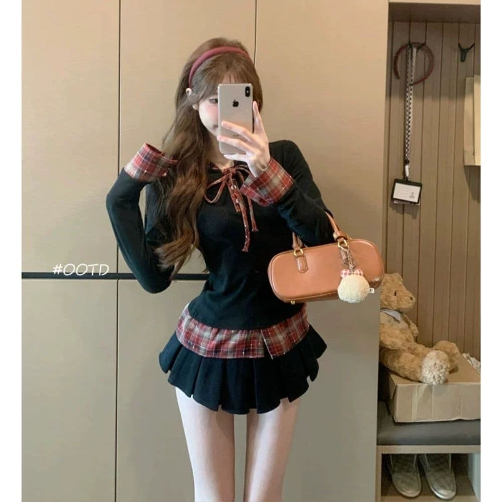 페이크 레이어드 배색 긴팔 티셔츠 여성 의류 봄 가을 한 부서 착용 가져 가라. 디자인 센스 몸매 가꾸기 니트 스웨터 맨위 chic