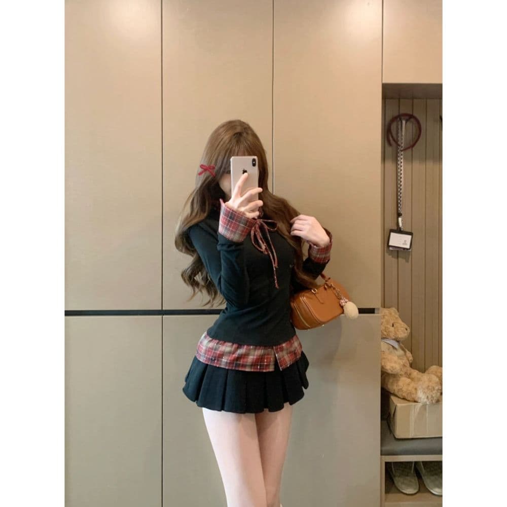 페이크 레이어드 배색 긴팔 티셔츠 여성 의류 봄 가을 한 부서 착용 가져 가라. 디자인 센스 몸매 가꾸기 니트 스웨터 맨위 chic 이미지 2