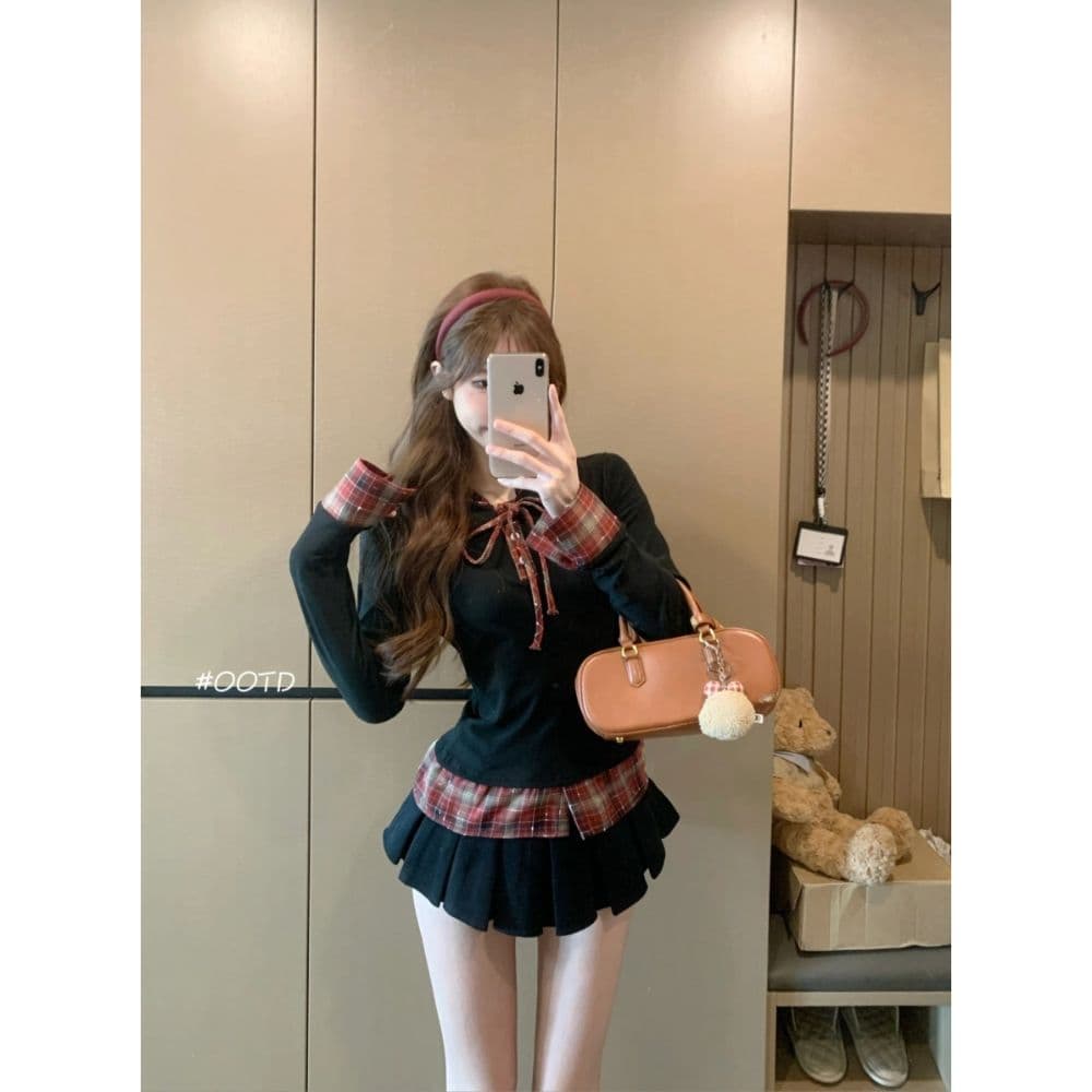 페이크 레이어드 배색 긴팔 티셔츠 여성 의류 봄 가을 한 부서 착용 가져 가라. 디자인 센스 몸매 가꾸기 니트 스웨터 맨위 chic 상세 이미지 4