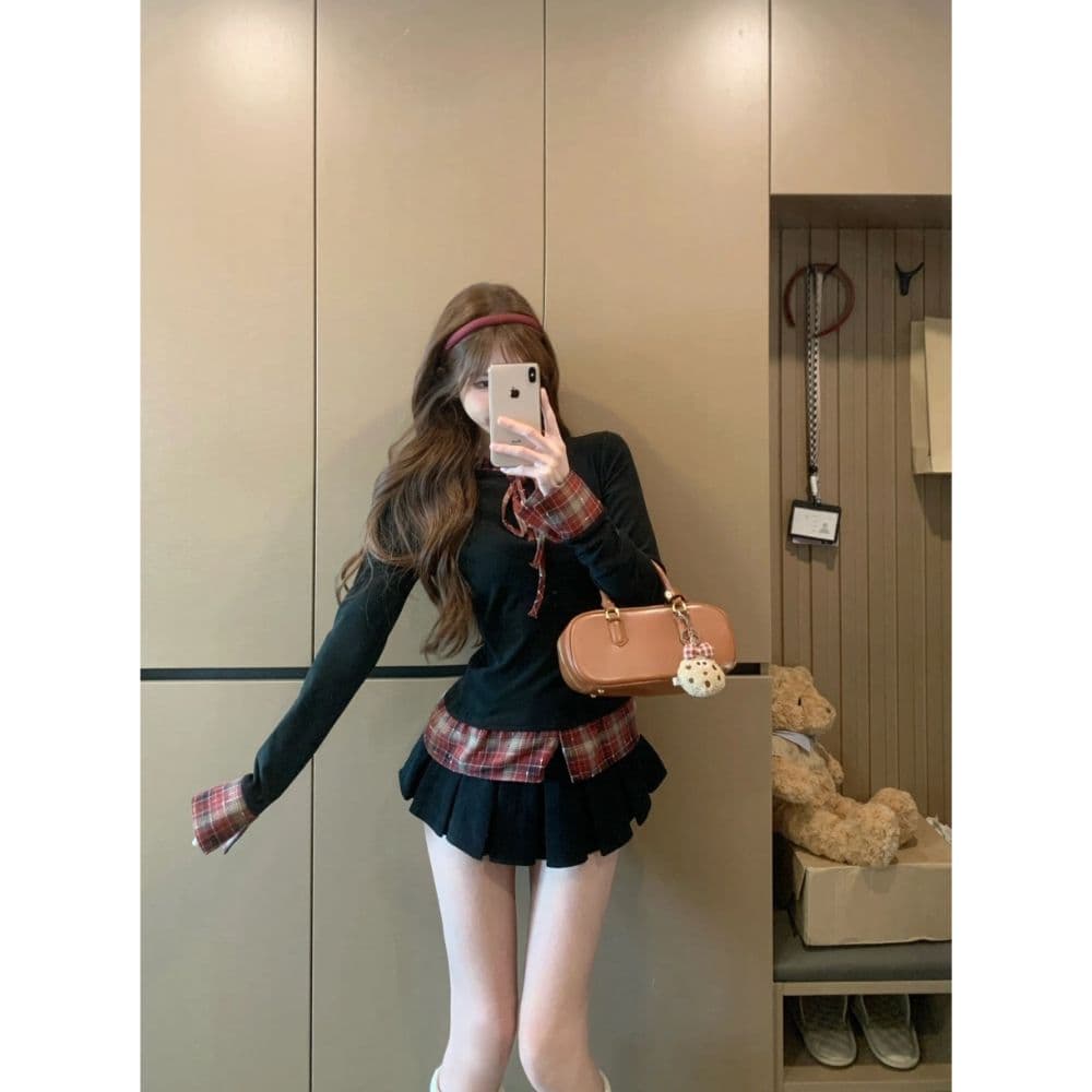 페이크 레이어드 배색 긴팔 티셔츠 여성 의류 봄 가을 한 부서 착용 가져 가라. 디자인 센스 몸매 가꾸기 니트 스웨터 맨위 chic 상세 이미지 5
