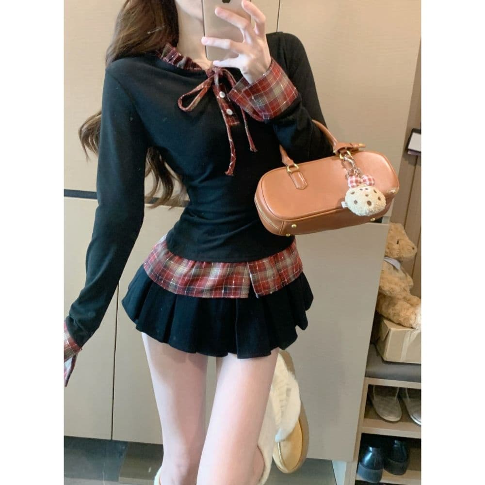 페이크 레이어드 배색 긴팔 티셔츠 여성 의류 봄 가을 한 부서 착용 가져 가라. 디자인 센스 몸매 가꾸기 니트 스웨터 맨위 chic 상세 이미지 7