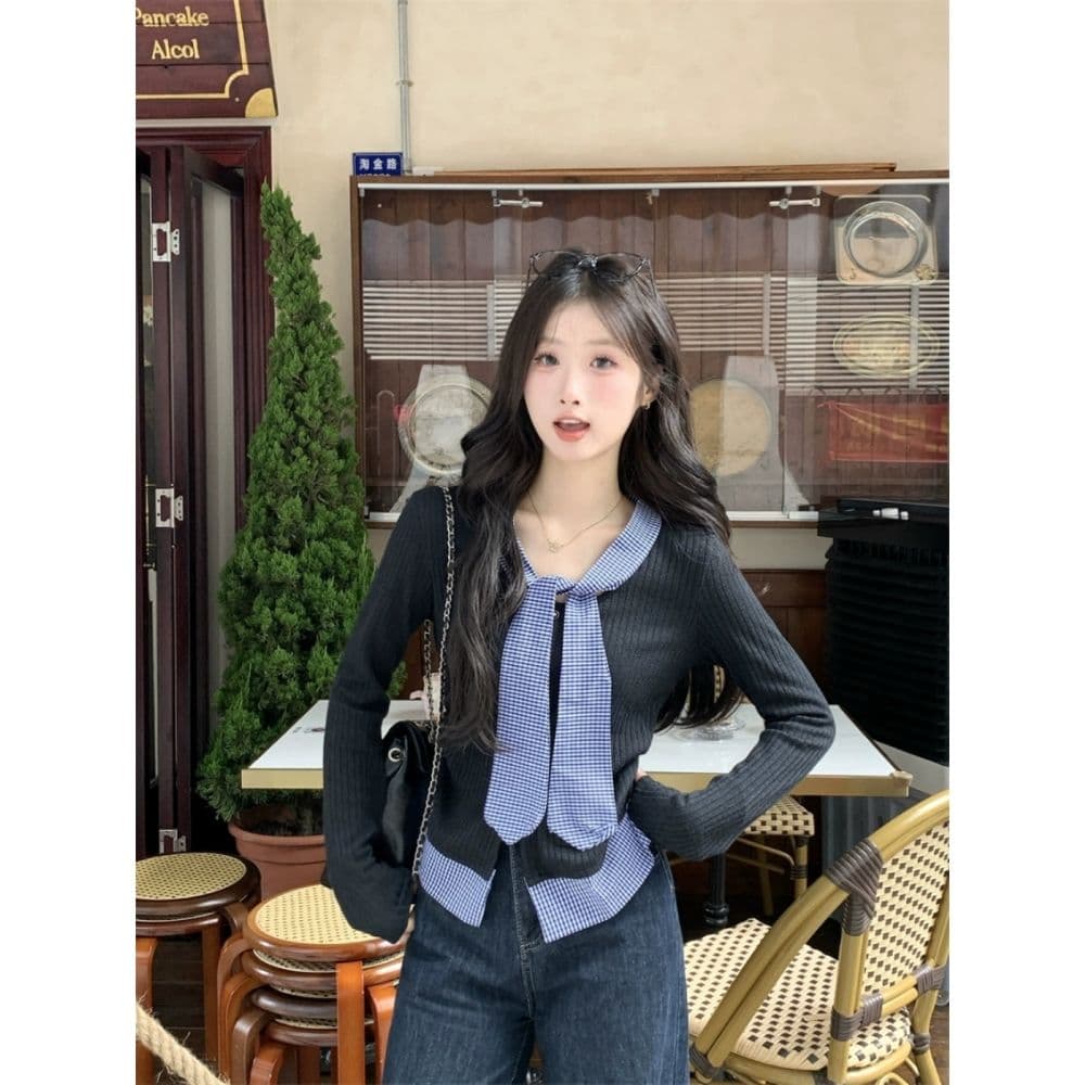 한 부서 학원 스타일 품격 달콤함 체크무늬 패치워크 페이크 레이어드 디자인 센스 몸매 가꾸기 슬림해 보이는 아름다운 외국 가스 맨위 여성 이미지 4