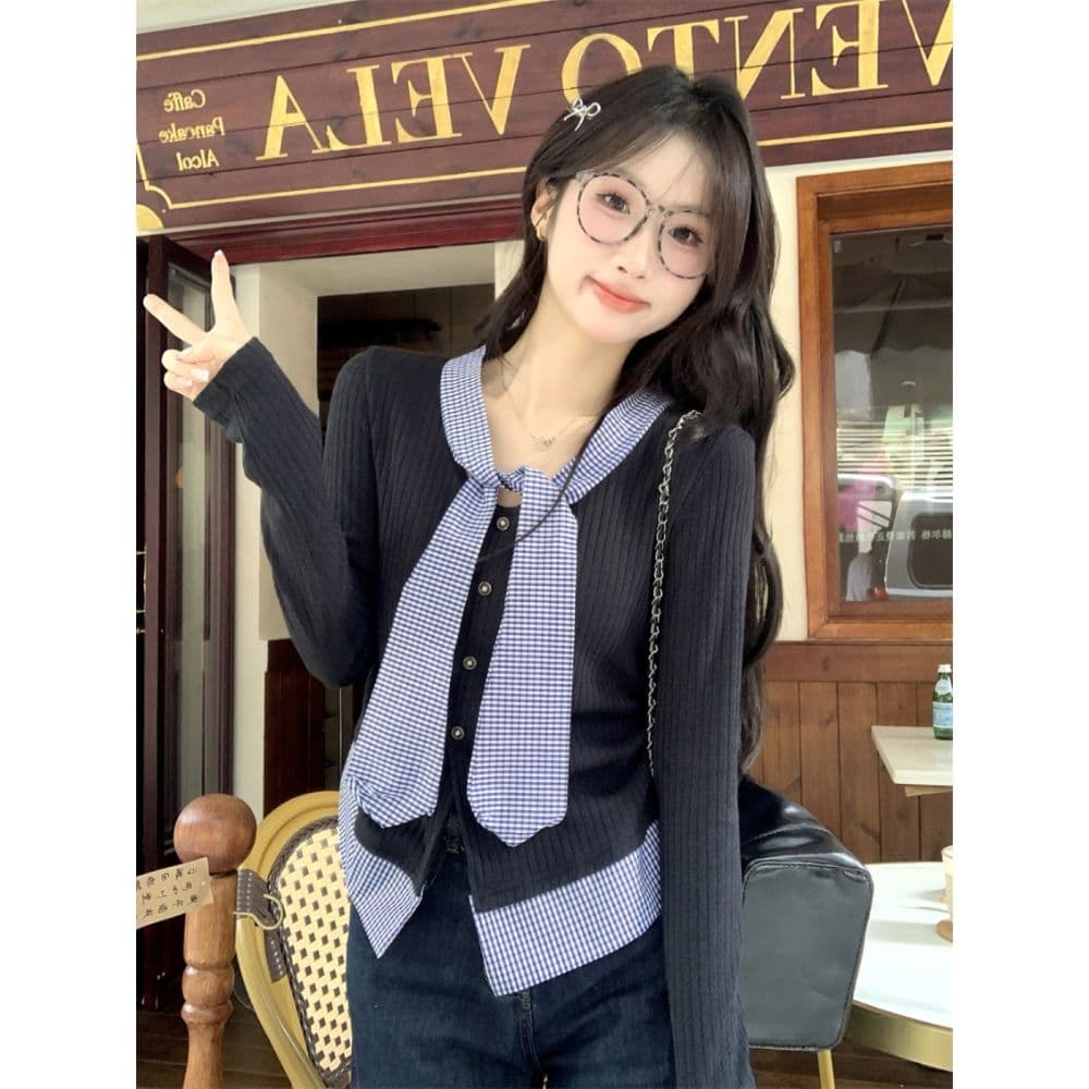 한 부서 학원 스타일 품격 달콤함 체크무늬 패치워크 페이크 레이어드 디자인 센스 몸매 가꾸기 슬림해 보이는 아름다운 외국 가스 맨위 여성
