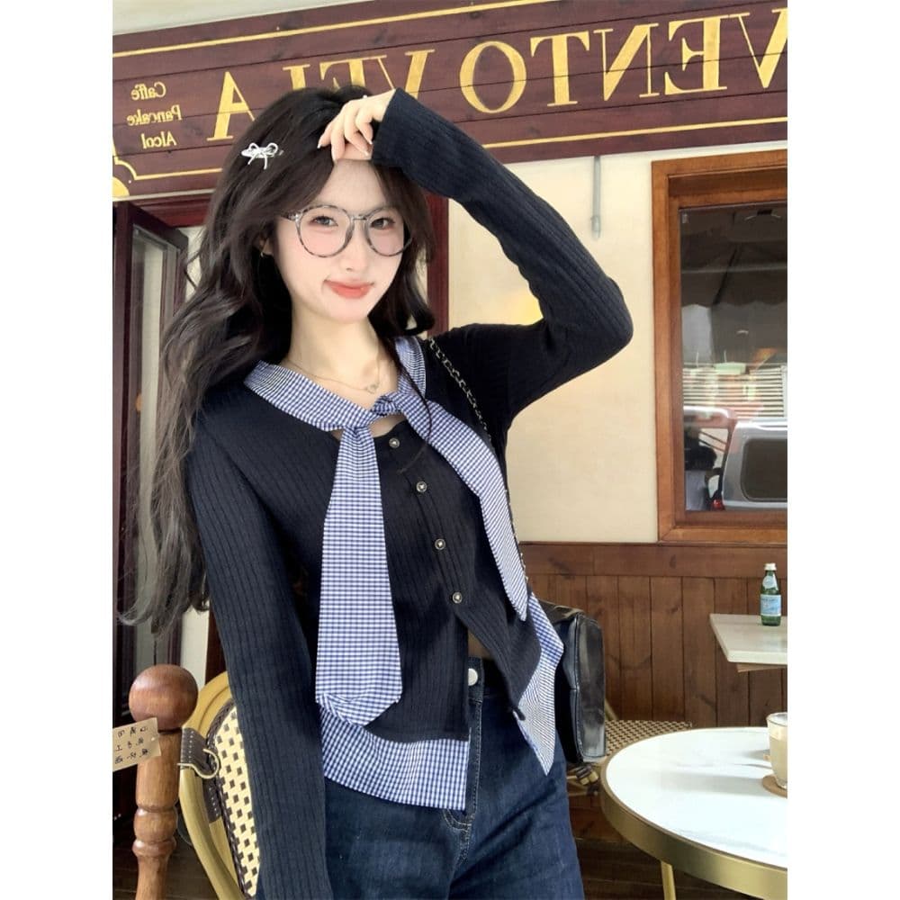 한 부서 학원 스타일 품격 달콤함 체크무늬 패치워크 페이크 레이어드 디자인 센스 몸매 가꾸기 슬림해 보이는 아름다운 외국 가스 맨위 여성 이미지 5