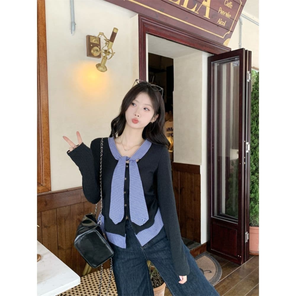 한 부서 학원 스타일 품격 달콤함 체크무늬 패치워크 페이크 레이어드 디자인 센스 몸매 가꾸기 슬림해 보이는 아름다운 외국 가스 맨위 여성 상세 이미지 4