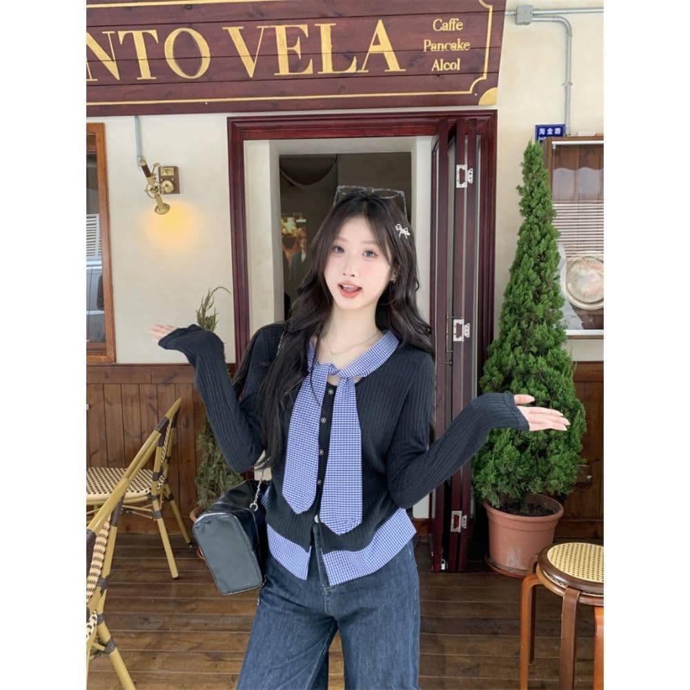 한 부서 학원 스타일 품격 달콤함 체크무늬 패치워크 페이크 레이어드 디자인 센스 몸매 가꾸기 슬림해 보이는 아름다운 외국 가스 맨위 여성 상세 이미지 10