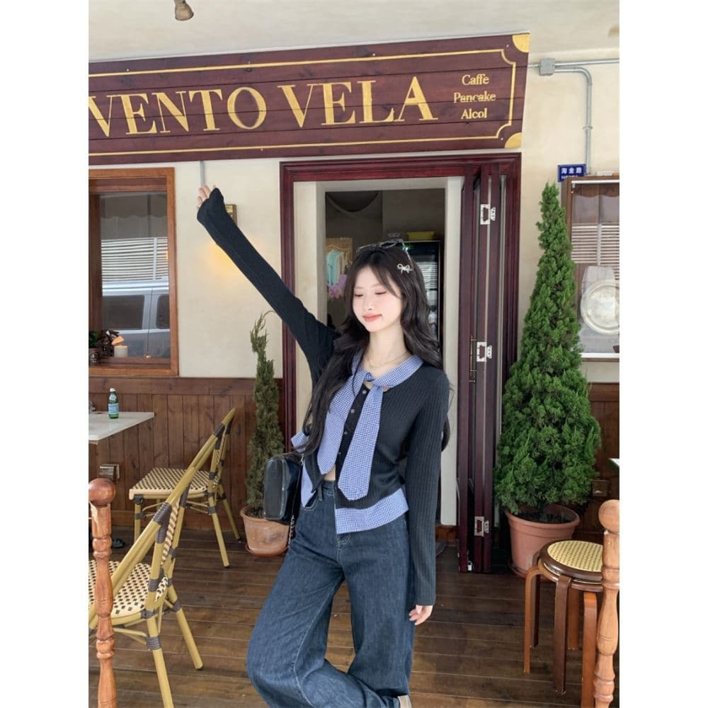 한 부서 학원 스타일 품격 달콤함 체크무늬 패치워크 페이크 레이어드 디자인 센스 몸매 가꾸기 슬림해 보이는 아름다운 외국 가스 맨위 여성 상세 이미지 11