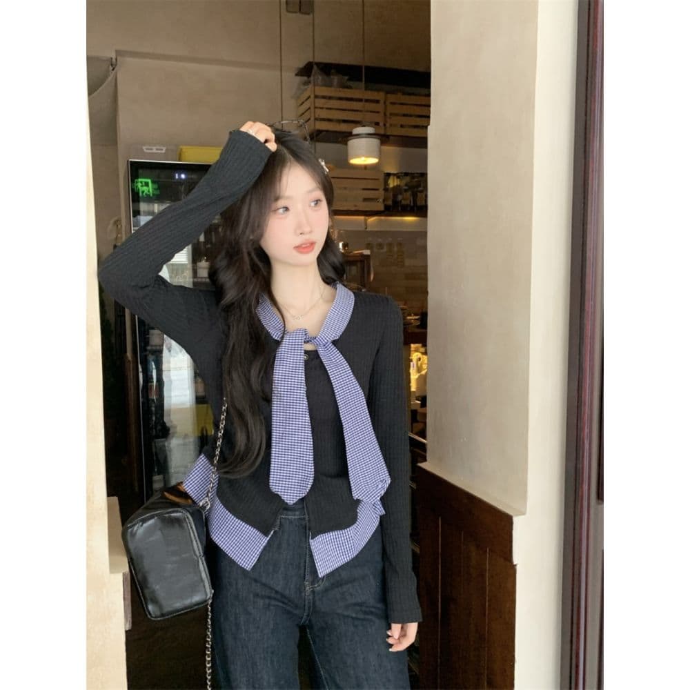 한 부서 학원 스타일 품격 달콤함 체크무늬 패치워크 페이크 레이어드 디자인 센스 몸매 가꾸기 슬림해 보이는 아름다운 외국 가스 맨위 여성 상세 이미지 12