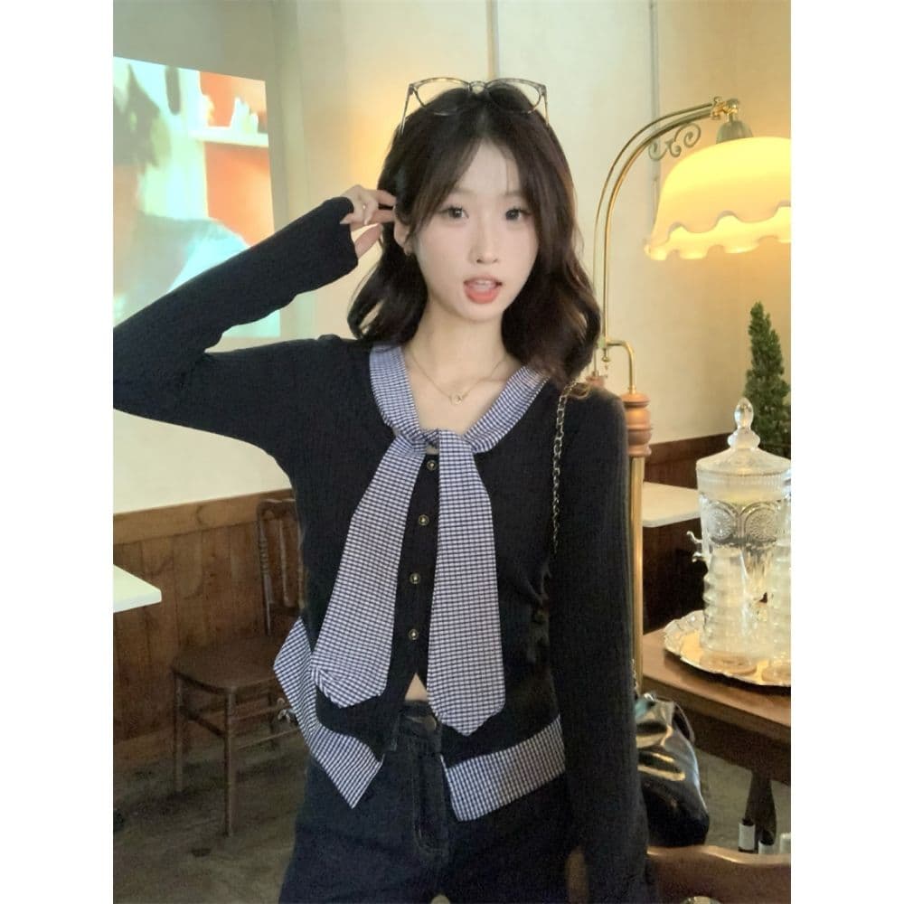 한 부서 학원 스타일 품격 달콤함 체크무늬 패치워크 페이크 레이어드 디자인 센스 몸매 가꾸기 슬림해 보이는 아름다운 외국 가스 맨위 여성 상세 이미지 13