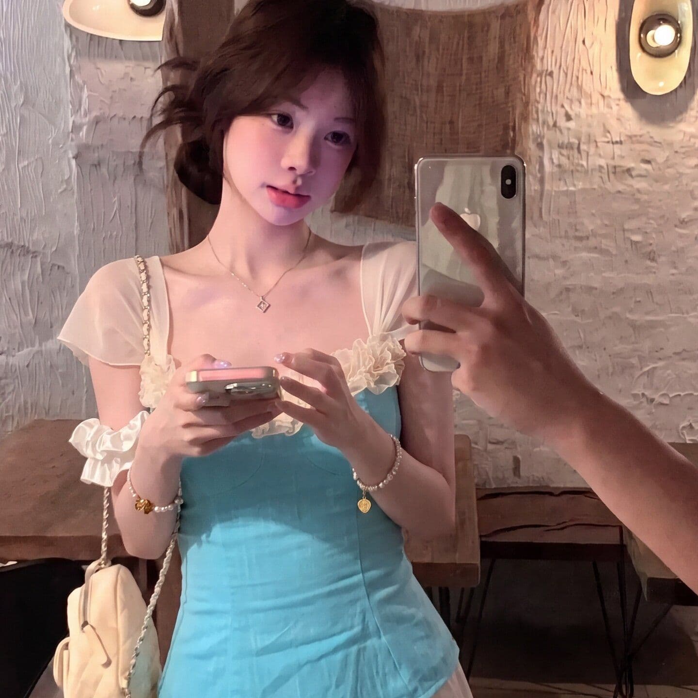 원본 원단 박하 블루 높은 지점 아마 조끼 여름 순수한 욕망 배색 레이스 레이스 패치워크 슬립 맨위 여성