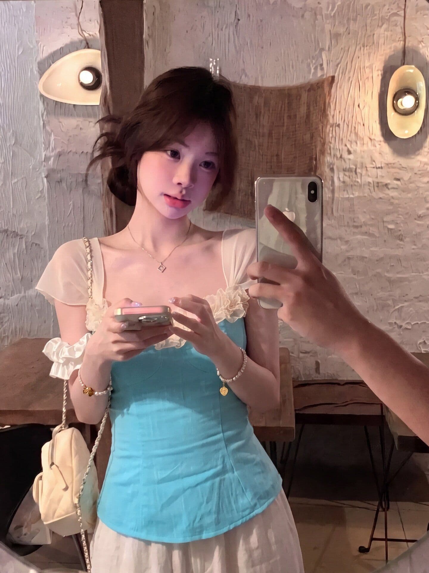 원본 원단 박하 블루 높은 지점 아마 조끼 여름 순수한 욕망 배색 레이스 레이스 패치워크 슬립 맨위 여성 상세 이미지 2