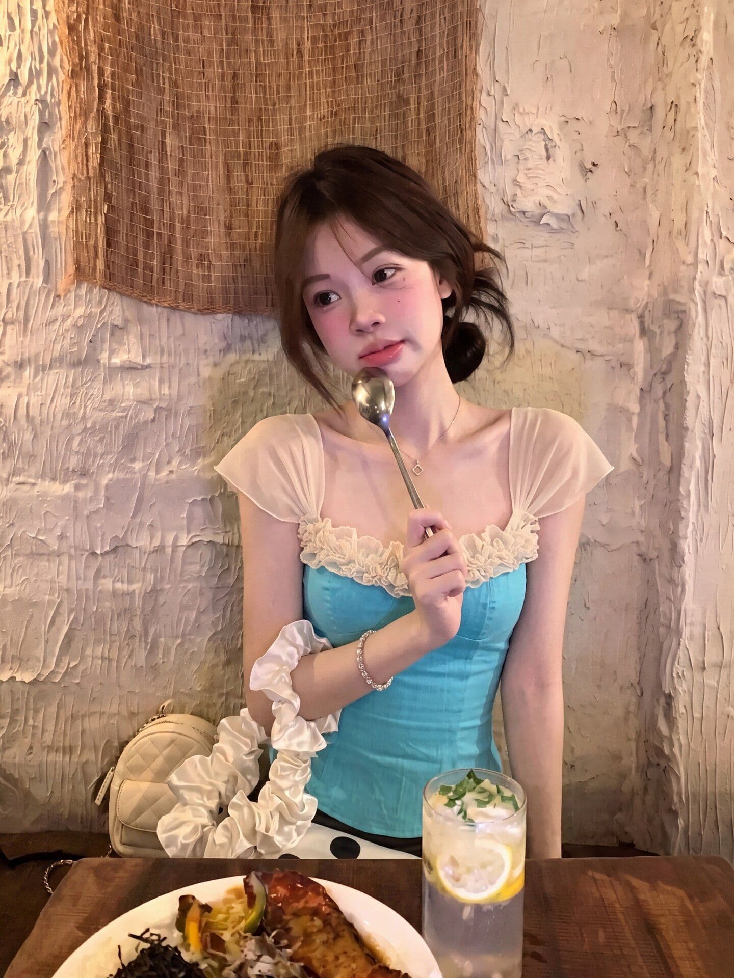 원본 원단 박하 블루 높은 지점 아마 조끼 여름 순수한 욕망 배색 레이스 레이스 패치워크 슬립 맨위 여성 상세 이미지 3