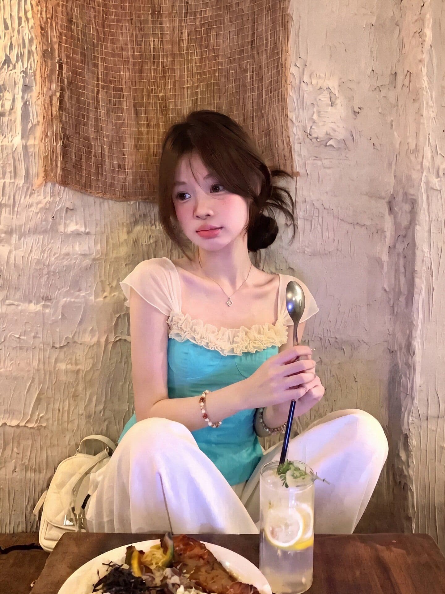 원본 원단 박하 블루 높은 지점 아마 조끼 여름 순수한 욕망 배색 레이스 레이스 패치워크 슬립 맨위 여성 상세 이미지 6