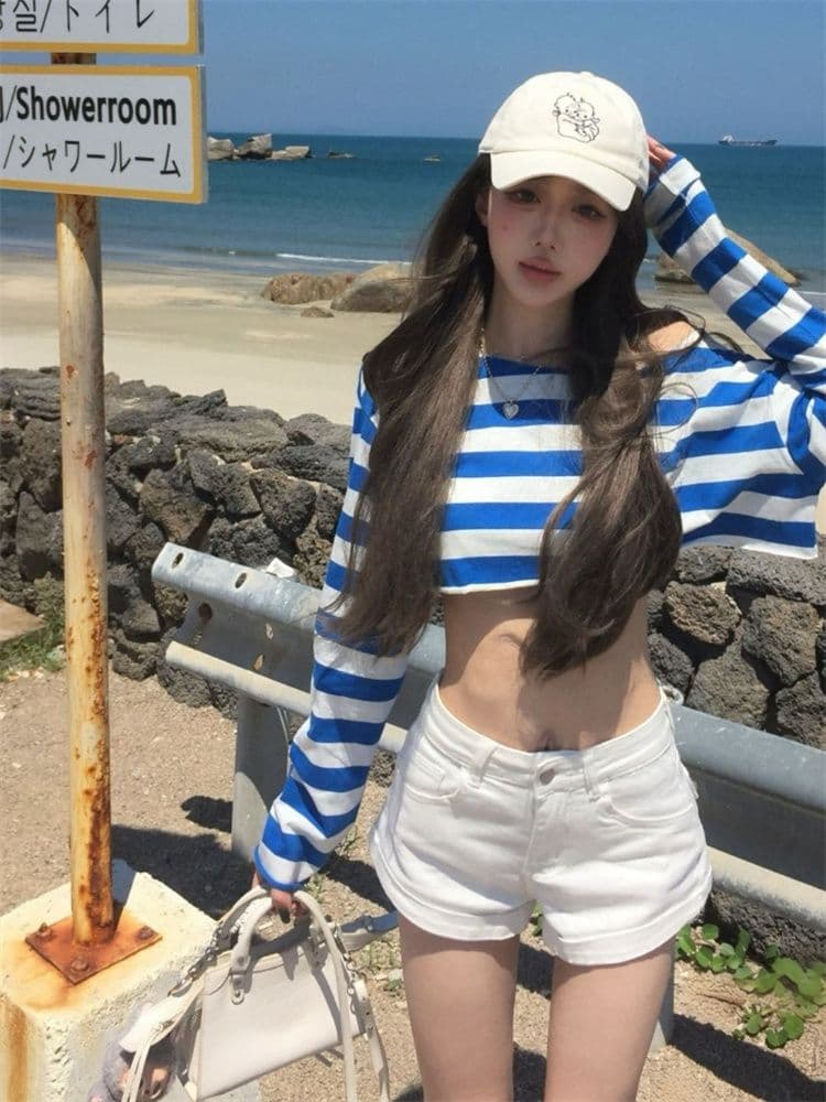 순면 당겨 프레임 한 부서 제주도 착용 가져 가라. 비스듬한 어깨 블루 흰색 스트립 곡물 티셔츠 여름 슬림해 보이는 루즈핏 맨위 여성 새로운