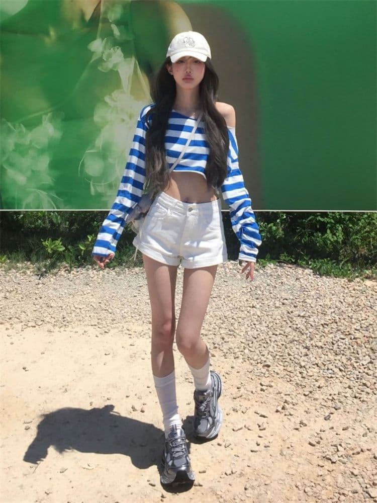 순면 당겨 프레임 한 부서 제주도 착용 가져 가라. 비스듬한 어깨 블루 흰색 스트립 곡물 티셔츠 여름 슬림해 보이는 루즈핏 맨위 여성 새로운 이미지 3