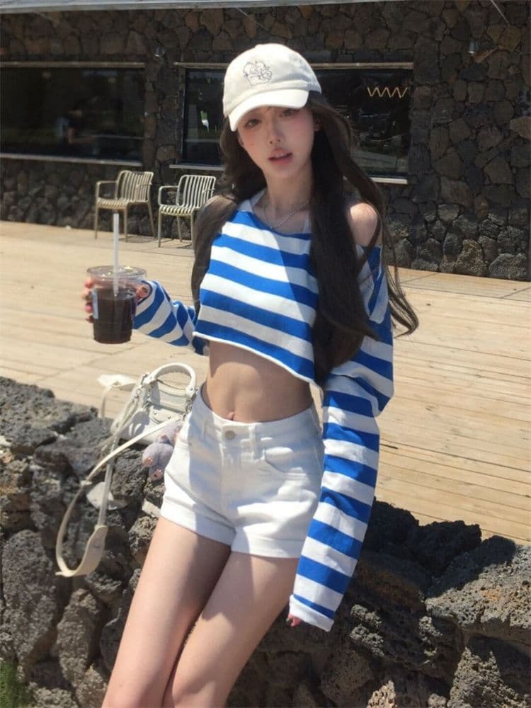 순면 당겨 프레임 한 부서 제주도 착용 가져 가라. 비스듬한 어깨 블루 흰색 스트립 곡물 티셔츠 여름 슬림해 보이는 루즈핏 맨위 여성 새로운 상세 이미지 1