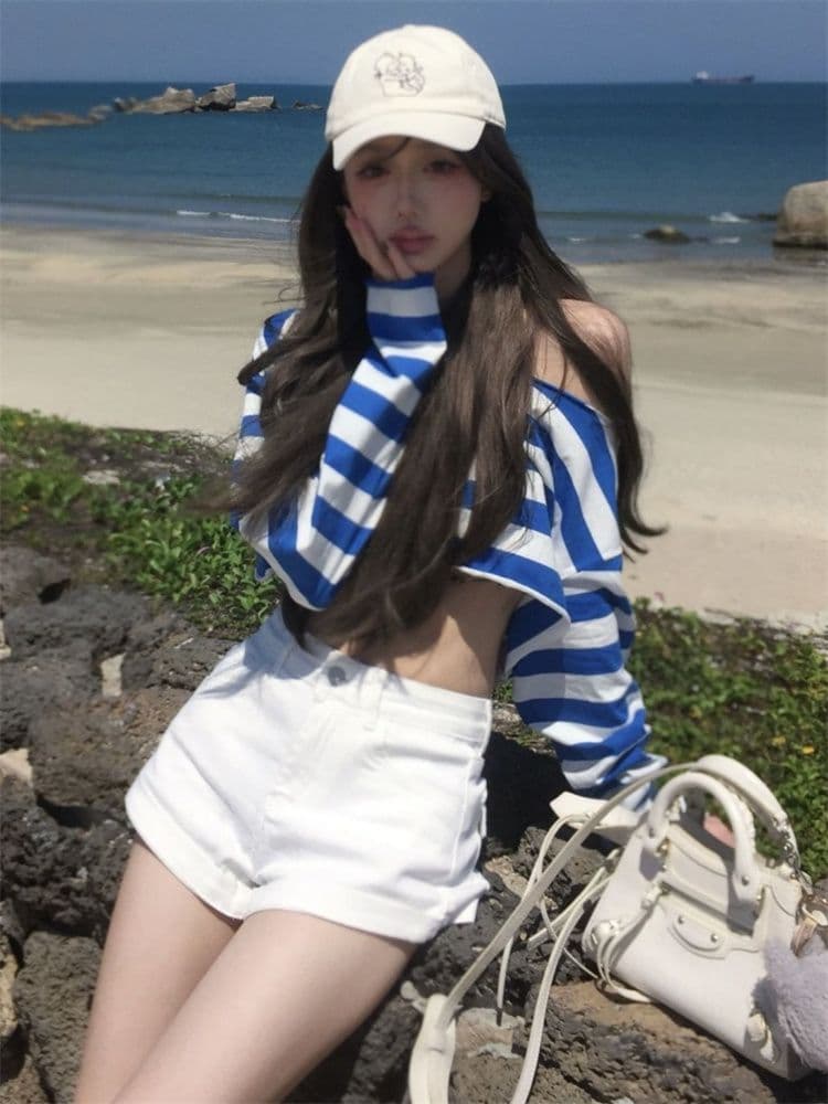 순면 당겨 프레임 한 부서 제주도 착용 가져 가라. 비스듬한 어깨 블루 흰색 스트립 곡물 티셔츠 여름 슬림해 보이는 루즈핏 맨위 여성 새로운 상세 이미지 3