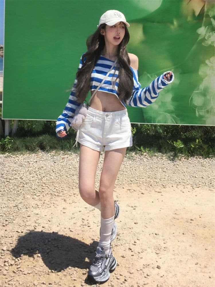 순면 당겨 프레임 한 부서 제주도 착용 가져 가라. 비스듬한 어깨 블루 흰색 스트립 곡물 티셔츠 여름 슬림해 보이는 루즈핏 맨위 여성 새로운 상세 이미지 4