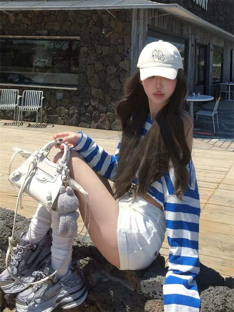 순면 당겨 프레임 한 부서 제주도 착용 가져 가라. 비스듬한 어깨 블루 흰색 스트립 곡물 티셔츠 여름 슬림해 보이는 루즈핏 맨위 여성 새로운 상세 이미지 6