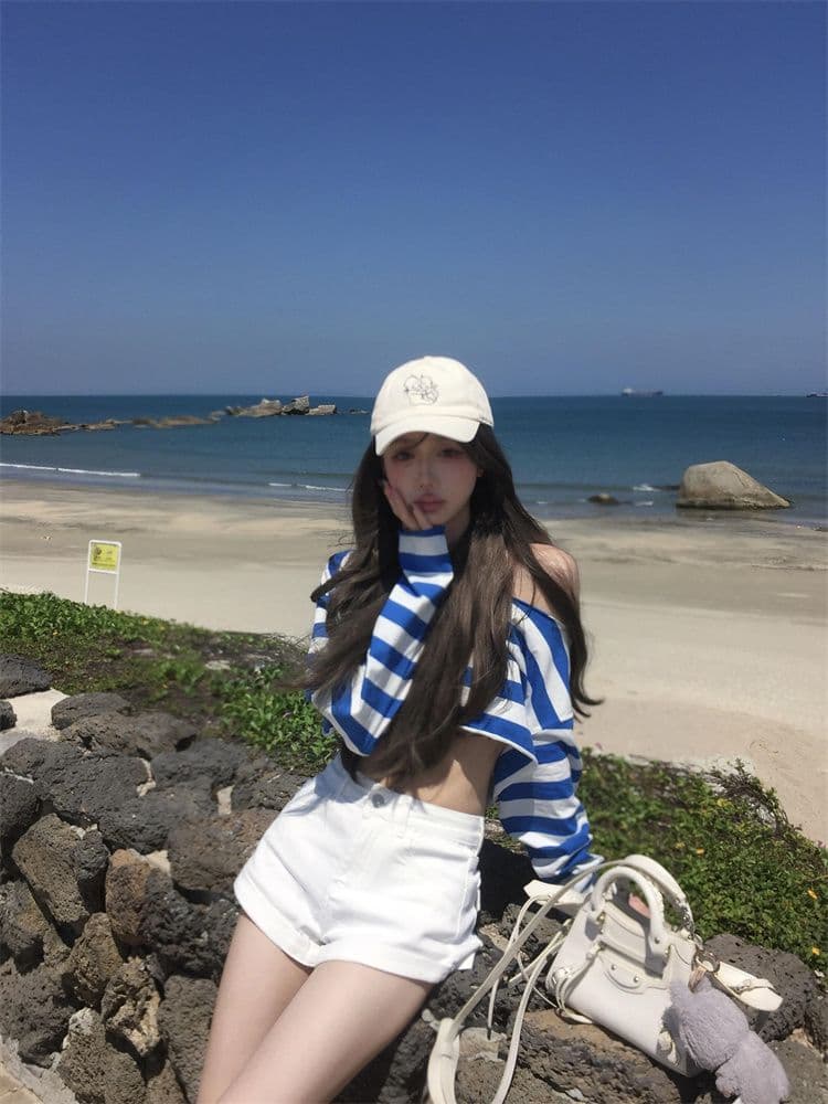 순면 당겨 프레임 한 부서 제주도 착용 가져 가라. 비스듬한 어깨 블루 흰색 스트립 곡물 티셔츠 여름 슬림해 보이는 루즈핏 맨위 여성 새로운 상세 이미지 7