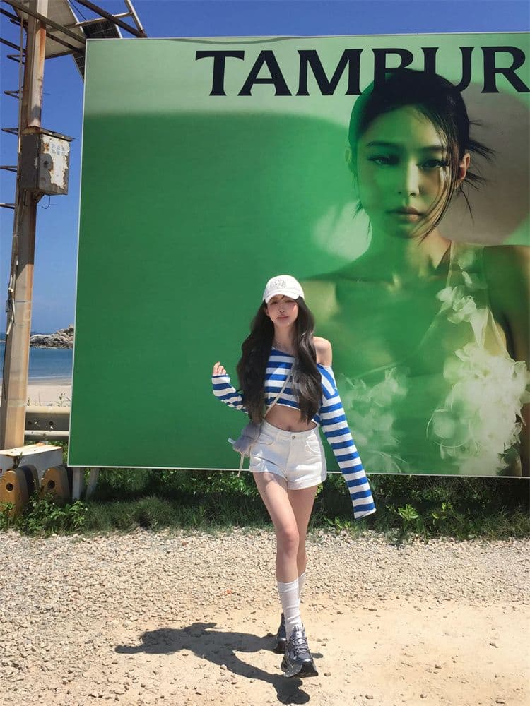 순면 당겨 프레임 한 부서 제주도 착용 가져 가라. 비스듬한 어깨 블루 흰색 스트립 곡물 티셔츠 여름 슬림해 보이는 루즈핏 맨위 여성 새로운 상세 이미지 9