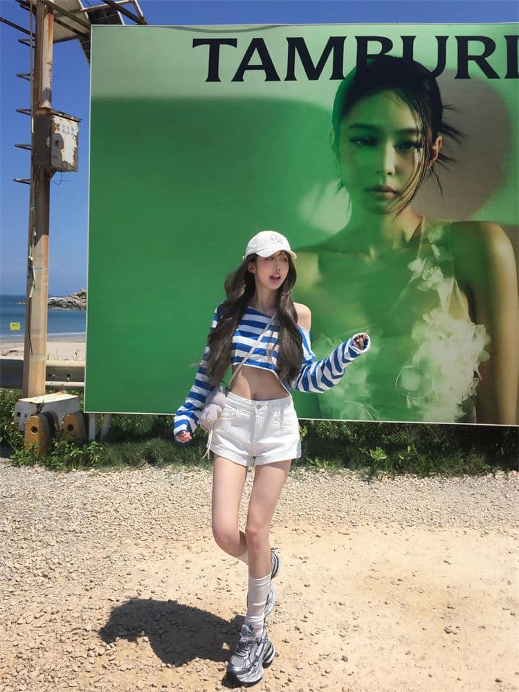 순면 당겨 프레임 한 부서 제주도 착용 가져 가라. 비스듬한 어깨 블루 흰색 스트립 곡물 티셔츠 여름 슬림해 보이는 루즈핏 맨위 여성 새로운 상세 이미지 10