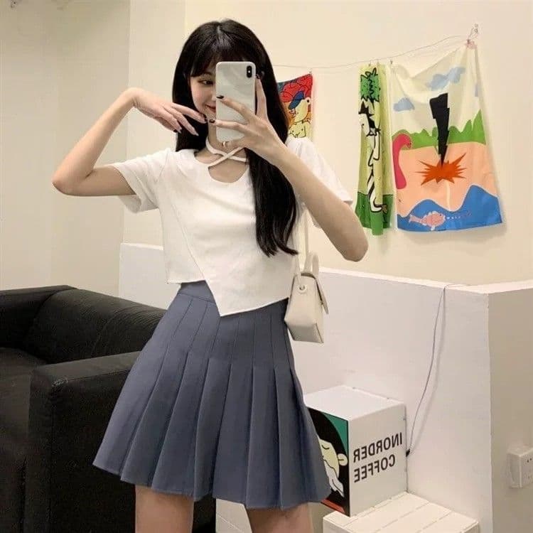 경관 그림 원본 품질 불규칙 티셔츠 디자인 센스 달콤한 핫걸 쇼트 스타일 인사이드 잡아라. 의류 상세 이미지 4