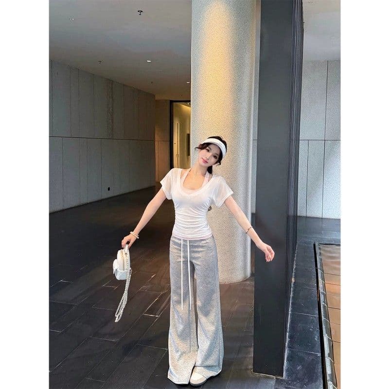 사람들 면 화이트 허리 수축 반팔 블라우스 티셔츠 여성 여름 순수한 욕망 세트 행침 목 조끼 스택 착용 투피스 세트 이미지 5