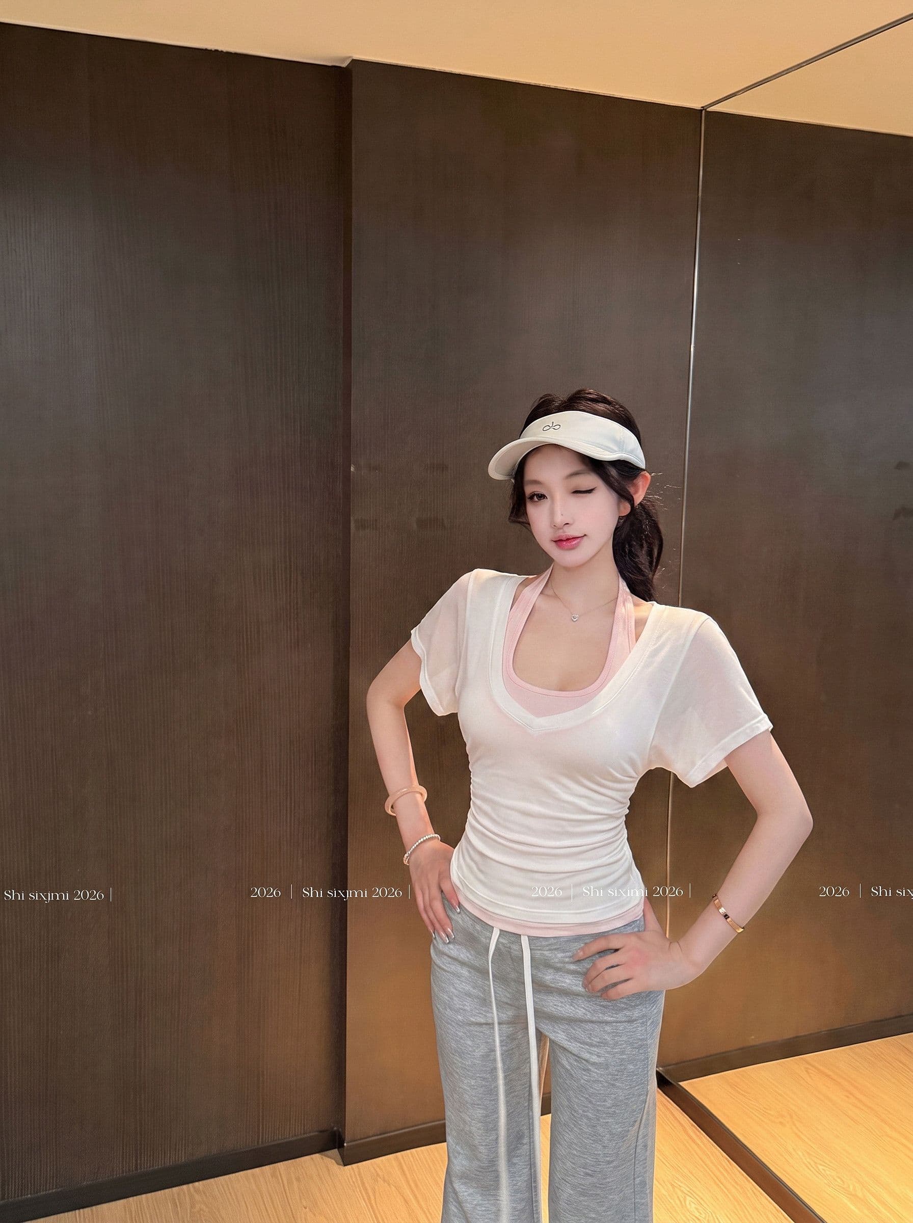사람들 면 화이트 허리 수축 반팔 블라우스 티셔츠 여성 여름 순수한 욕망 세트 행침 목 조끼 스택 착용 투피스 세트 상세 이미지 2