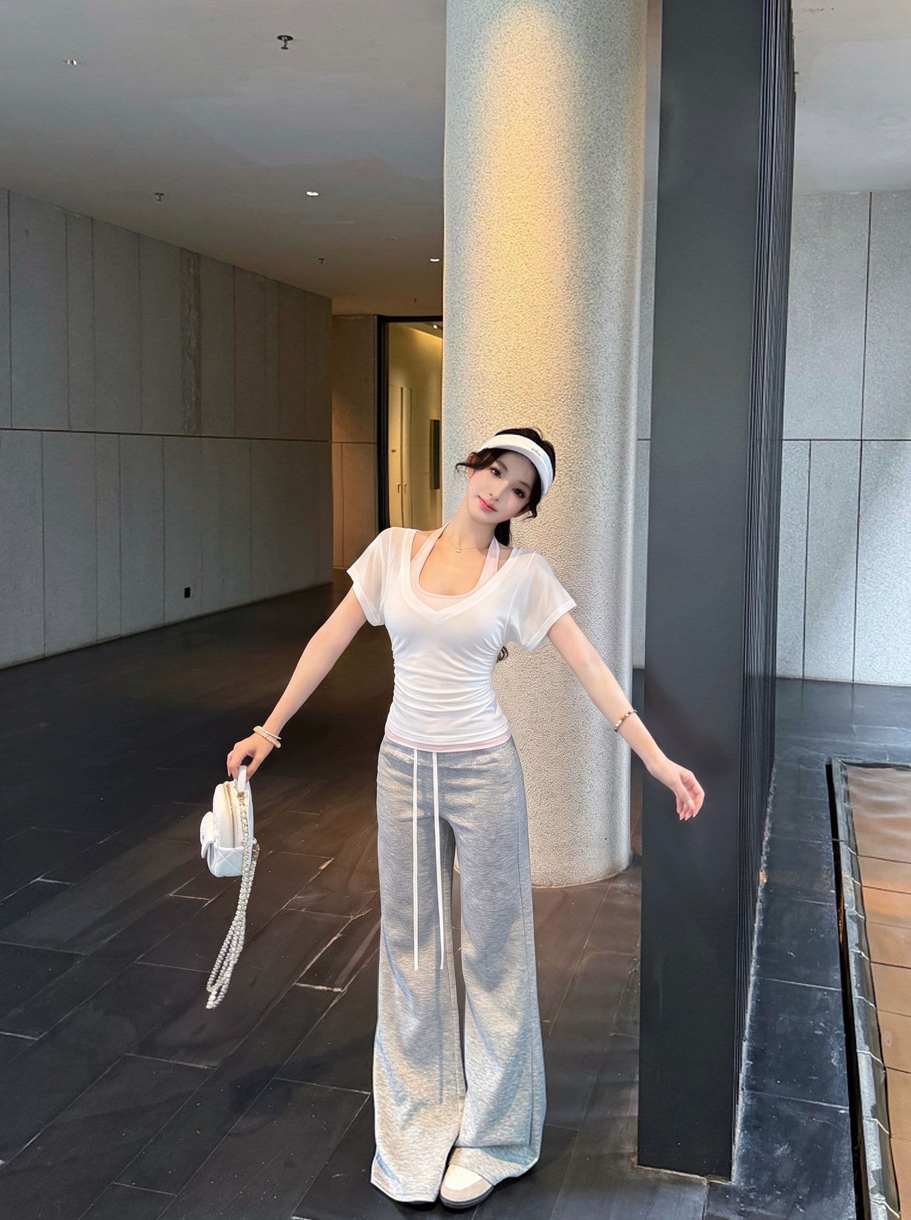 사람들 면 화이트 허리 수축 반팔 블라우스 티셔츠 여성 여름 순수한 욕망 세트 행침 목 조끼 스택 착용 투피스 세트 상세 이미지 8
