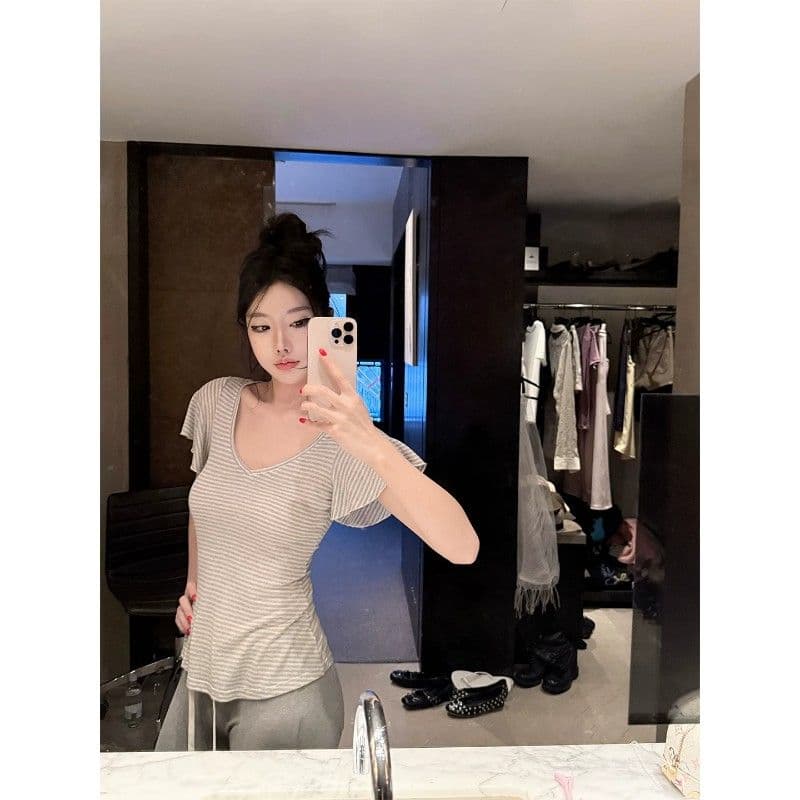 laareetoo 주간 실크 면 린넨 2 가지 색상 스트라이프 V넥 반팔 티셔츠 여성 여름 맨위 다용도 슬림해 보이는 동정 이미지 4