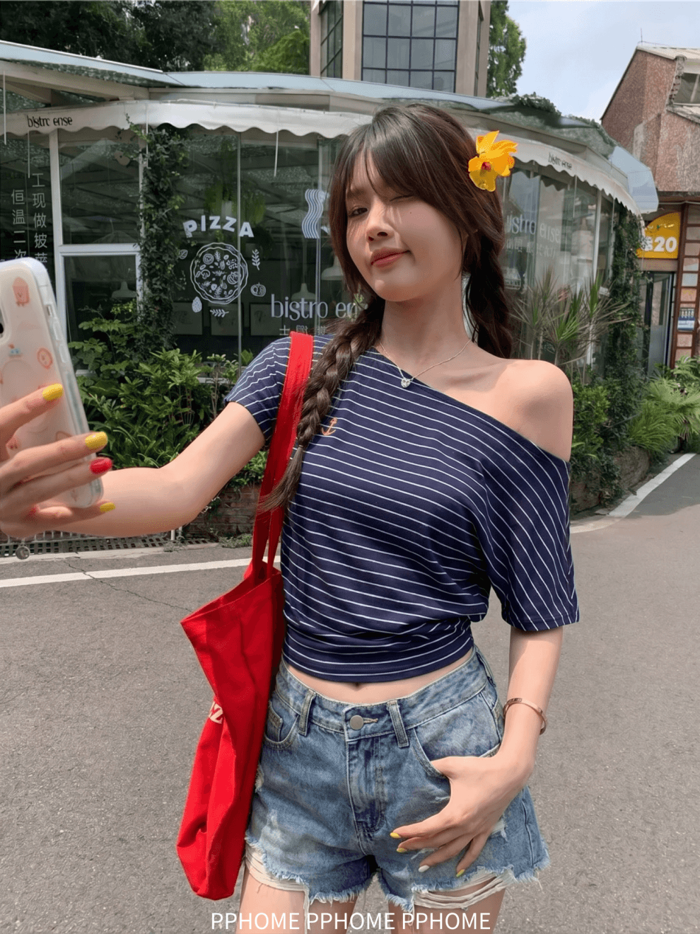 아메리칸 레트로 배색 스트라이프 프린트 비스듬한 어깨 오프숄더 반팔 티셔츠 2026 여름 새로운 몸매 가꾸기 다용도 맨위 상세 이미지 2