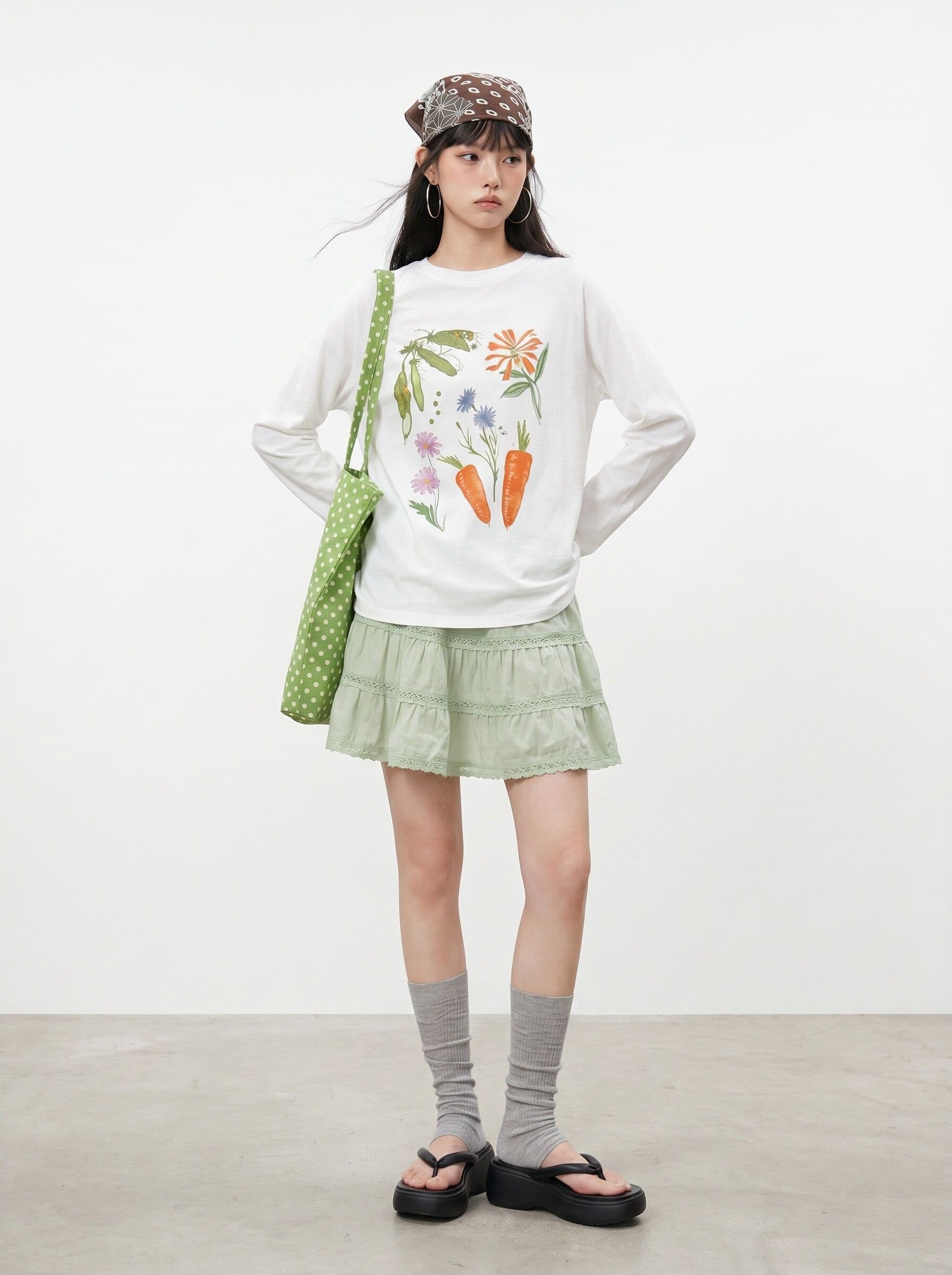 눈꽃 면 달콤함 일본식 귀여운 바람 긴팔 티셔츠 여성 여름 착용 가져 가라. 자외선 차단 블라우스 하프 녹색 치마 세트 상세 이미지 2
