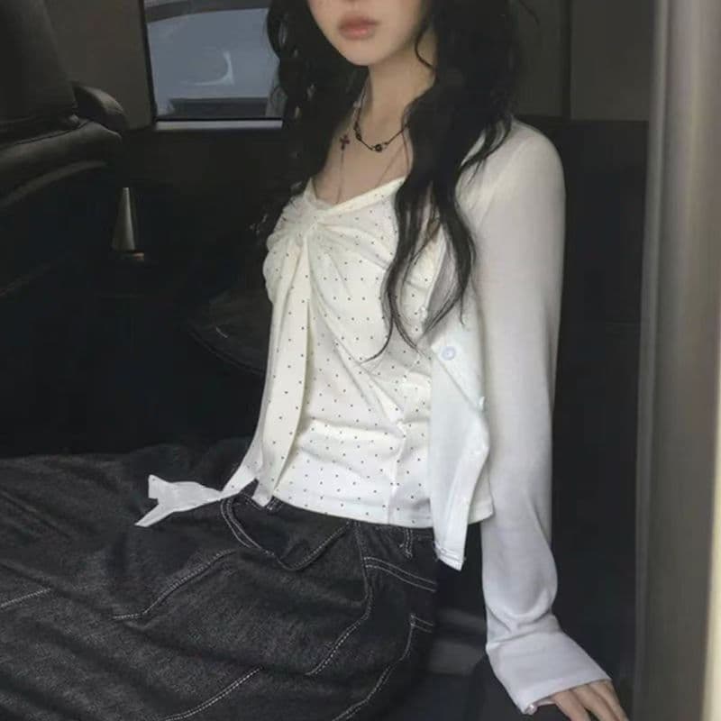 한국 스타일 화이트 긴팔 오픈 가디건 캐미솔 두 조각 여성 세트 여름 새로운 몸매 가꾸기 슬림해 보이는 맨위 세트 여성 상세 이미지 11